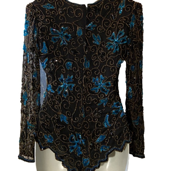 Laurence Kazar Navy Blue Silk Beaded Sequined Festive Evening Formal Top S VTG - Picture 4 of 7